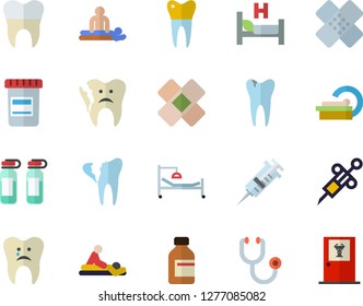 Color flat icon set vial flat vector, syringe, stethoscope, hospital bed, massage, patch, ampoule, tomograph, caries, broken tooth, dental crowns, doctor's office vector