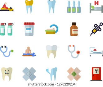 Color flat icon set vial flat vector, syringe, stethoscope, hospital bed, massage, patch, ampoule, tomograph, caries, broken tooth, dental crowns, doctor's office fector