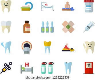 Color flat icon set vial flat vector, syringe, hospital bed, massage, patch, ampoule, tomograph, caries, broken tooth, dental crowns, doctor's office fector