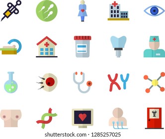 Color flat icon set vial flat vector, syringe, computer diagnostics of health, hospital, physician, stethoscope, eye, tomograph, gestation, breast, DNA, chromosomes, sperm, artificial insemination