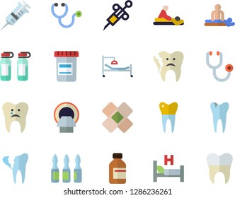 Color flat icon set vial flat vector, syringe, stethoscope, hospital bed, massage, patch, ampoule, tomograph, caries, broken tooth, dental crowns