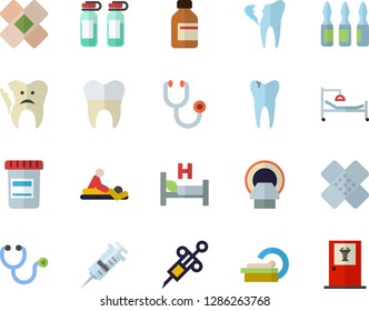 Color flat icon set vial flat vector, syringe, stethoscope, hospital bed, massage, patch, ampoule, tomograph, caries, broken tooth, dental crowns, doctor's office fector