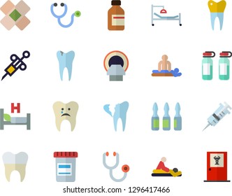 Color flat icon set vial flat vector, syringe, stethoscope, hospital bed, massage, patch, ampoule, tomograph, caries, broken tooth, dental crowns, doctor's office fector