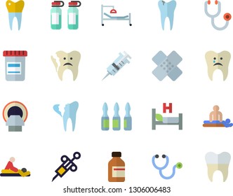 Color flat icon set vial flat vector, syringe, stethoscope, hospital bed, massage, patch, ampoule, tomograph, caries, broken tooth, dental crowns
