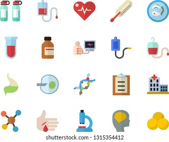 Color flat icon set vial flat vector, medical warmer, blood transfusion, test, hospital, microscope, injury, diagnostics, ampoule, DNA, molecules, artificial insemination, stomach, Petri dish, pills