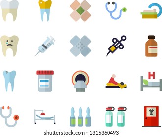 Color flat icon set vial flat vector, syringe, stethoscope, hospital bed, massage, patch, ampoule, tomograph, caries, dental crowns, doctor's office fector