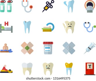 Color flat icon set vial flat vector, syringe, stethoscope, hospital bed, massage, patch, ampoule, tomograph, caries, broken tooth, dental crowns, doctor's office fector