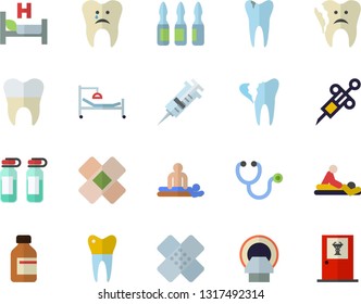 Color flat icon set vial flat vector, syringe, stethoscope, hospital bed, massage, patch, ampoule, tomograph, caries, broken tooth, dental crowns, doctor's office fector