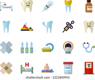 Color flat icon set vial flat vector, syringe, stethoscope, hospital bed, massage, patch, ampoule, tomograph, caries, broken tooth, dental crowns, doctor's office fector