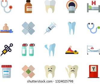 Color flat icon set vial flat vector, syringe, stethoscope, hospital bed, massage, patch, ampoule, tomograph, caries, broken tooth, dental crowns, doctor's office fector