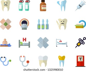 Color flat icon set vial flat vector, syringe, stethoscope, hospital bed, massage, patch, ampoule, tomograph, caries, broken tooth, dental crowns, doctor's office fector