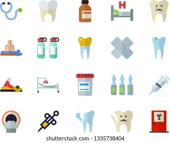 Color flat icon set vial flat vector, syringe, stethoscope, hospital bed, massage, patch, ampoule, tomograph, caries, broken tooth, dental crowns, doctor's office fector
