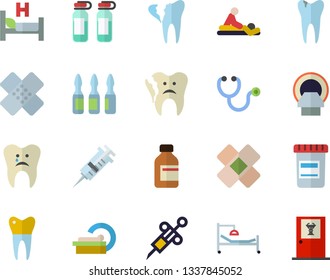 Color flat icon set vial flat vector, syringe, stethoscope, hospital bed, massage, patch, ampoule, tomograph, caries, broken tooth, dental crowns, doctor's office fector