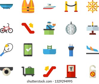 Color flat icon set VIP area flat fector, escalator, airport tower, bicycle, passport control, check in, arrival, sea beach, disco ball, romantic dinner, doctor's office, pool, luggage trolley