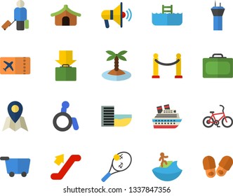 Color flat icon set VIP area flat fector, escalator, airport tower, bicycle, luggage, suitcase, ticket, tent, hotel first line, get, island, surfing, pool, tennis, location, mouthpiece, cruise ship