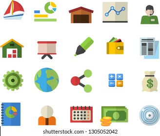 Color flat icon set warehouse flat vector, person, cogwheel, earth, cash, marker, molecules, purse, telephone operator, wealth, statistics, flipchart, calendar, news, book balance accounting, target