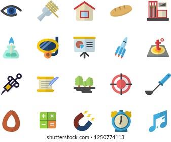 Color flat icon set warm floor flat vector, ladle, sausage, bread, spaghetti on a fork, gas station, forest, magnet, calculator, syringe, target, rocket, burner, hostory roll, presentaition board