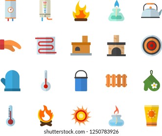 Color flat icon set warm floor flat vector, heating batteries, boiler, hiking pot, teapot, potholder, induction cooker, temperature, thermometer, bonfire, fireplace, gas burner, sun fector