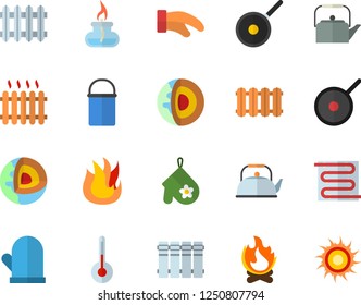 Color flat icon set warm floor flat vector, heating batteries, hiking pot, teflon, teapot, potholder, fire, temperature, bonfire, radiator, gas burner, core of the earth fector, sun