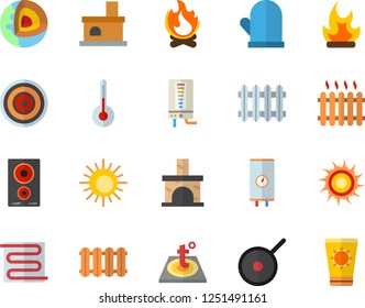 Color flat icon set warm floor flat vector, heating batteries, boiler, teflon, potholder, induction cooker, temperature, bonfire, fireplace, radiator, core of the earth fector, sun, protection cream