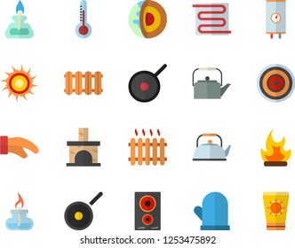 Color flat icon set warm floor flat vector, heating batteries, boiler, teflon, teapot, potholder, induction cooker, thermometer, bonfire, fireplace, radiator, gas burner, core of the earth fector