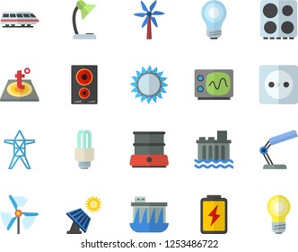 Color flat icon set warm floor flat vector, electric stove, induction cooker, gas, double boiler, windmill, battery, solar, socket, power line support, hydroelectric station, reading lamp, bulb