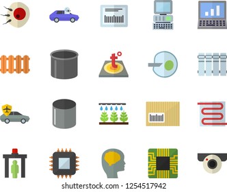 Color flat icon set warm floor flat vector, heating batteries, sprinkling machine, autopilot, pipe production, motherboard, barcode, artificial insemination, computer, brain fector, control gate