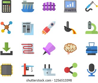 Color flat icon set warm floor flat vector, fence, plug socket, hydroelectric power station, crane, welding, metallurgy, rocket, molecules, news, microscope, copy machine, computer, cpu, calculator