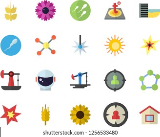 Color flat icon set warm floor flat vector, ear, flower, oil pumping, laser, target audience, sperm, molecule, spark, astronaut helmet fector, hotel first line, sun, house