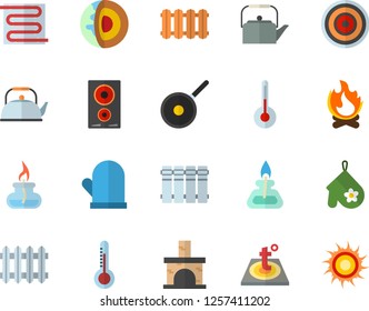 Color flat icon set warm floor flat vector, heating batteries, teflon, teapot, potholder, induction cooker, temperature, thermometer, bonfire, fireplace, radiator, gas burner, sun