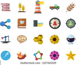 Color flat icon set warm floor flat vector, cookbook, ear, hot peppers, honeycomb, pickup truck, flower, oil pumping, lighthouse, target audience, molecules, sperm, brain, astronaut helmet fector