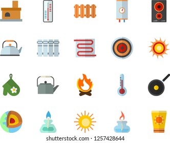 Color flat icon set warm floor flat vector, heating batteries, boiler, teflon, teapot, potholder, induction cooker, thermometer, bonfire, fireplace, gas burner, core of the earth fector, sun