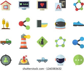 Color flat icon set warm floor flat vector, ear, pickup truck, lighthouse, target audience, molecules, computer diagnostics of health, molecule, astronaut helmet fector, sneakers, hotel first line