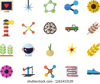 Color flat icon set warm floor flat vector, ear, onion, pickup truck, flower, oil pumping, laser, lighthouse, molecules, computer diagnostics of health, molecule, spark, brain, sneakers