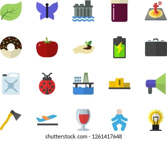 Color flat icon set warm floor flat vector, ax, tomato, donut, wine, jam, ladybird, seedlings, butterflies, oil production platform, battery, tree leaf, hydroelectric power station, canister, case