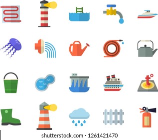 Color flat icon set warm floor flat vector, teapot, hose, watering can, bucketful, irrigation, gumboots, water tap, rain, pond, hydroelectric power station, radiator, lighthouse, pool fector, yacht