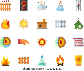 Color flat icon set warm floor flat vector, heating batteries, teapot, potholder, fire, induction cooker, thermometer, bonfire, fireplace, radiator, gas burner, core of the earth fector, sun