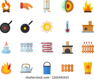 Color flat icon set warm floor flat vector, heating batteries, boiler, hiking pot, teflon, teapot, potholder, fire, thermometer, bonfire, fireplace, radiator, gas burner, core of the earth fector