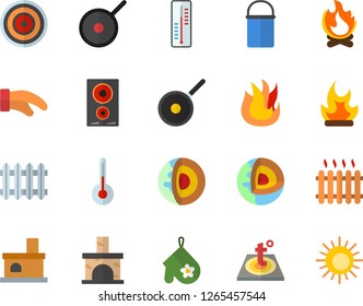Color flat icon set warm floor flat vector, hiking pot, teflon, potholder, fire, induction cooker, temperature, thermometer, bonfire, fireplace, radiator, core of the earth fector, sun