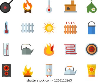 Color flat icon set warm floor flat vector, boiler, hiking pot, teflon, teapot, potholder, fire, induction cooker, temperature, thermometer, bonfire, fireplace, radiator, sun fector