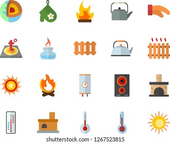 Color flat icon set warm floor flat vector, heating batteries, boiler, teapot, potholder, induction cooker, temperature, thermometer, bonfire, fireplace, radiator, gas burner, sun