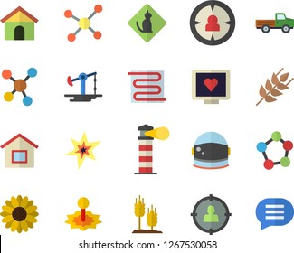 Color flat icon set warm floor flat vector, ear, pickup truck, flower, oil pumping, laser, lighthouse, target audience, computer diagnostics of health, molecules, molecule, spark, pets allowed, chat