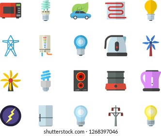 Color flat icon set warm floor flat vector, boiler, electric kettle, induction cooker, microwave, double, fridge, windmill, lamp, power line support, energy saving, eco cars, bulb, fector, lightning