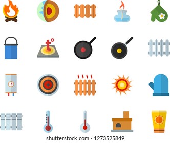 Color flat icon set warm floor flat vector, heating batteries, boiler, hiking pot, teflon, potholder, induction cooker, temperature, thermometer, bonfire, fireplace, radiator, gas burner, sun