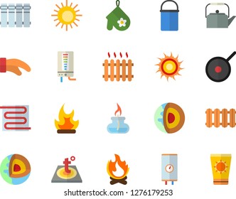 Color flat icon set warm floor flat vector, heating batteries, boiler, hiking pot, teflon, teapot, potholder, bonfire, radiator, gas burner, core of the earth fector, sun, protection cream