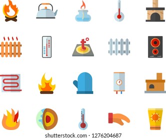 Color flat icon set warm floor flat vector, boiler, teapot, potholder, fire, induction cooker, temperature, thermometer, bonfire, fireplace, radiator, gas burner, core of the earth fector