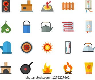 Color flat icon set warm floor flat vector, heating batteries, boiler, hiking pot, teflon, teapot, potholder, induction cooker, thermometer, bonfire, fireplace, sun fector, protection cream