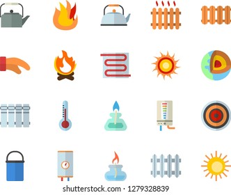 Color flat icon set warm floor flat vector, heating batteries, boiler, hiking pot, teapot, potholder, fire, induction cooker, thermometer, bonfire, radiator, gas burner, core of the earth fector