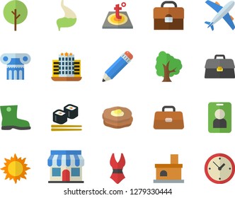 Color flat icon set warm floor flat vector, fish rolls, pancakes, tree, gumboots, sun, fireplace, store front, briefcase, stomach, pencil, swimsuit, antique column fector, aircraft, hotel, pass