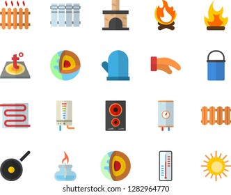 Color flat icon set warm floor flat vector, heating batteries, boiler, hiking pot, teflon, potholder, induction cooker, thermometer, bonfire, fireplace, radiator, gas burner, sun